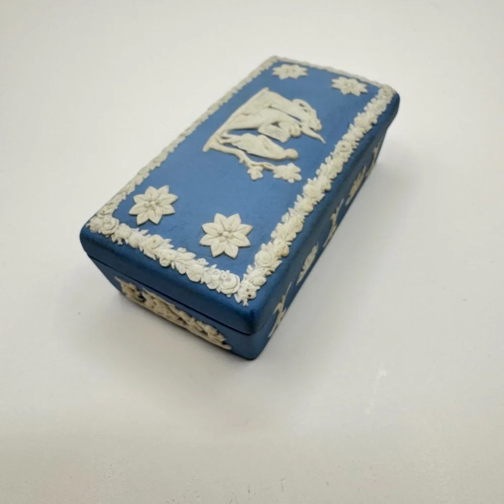 Wedgwood Blue Jasperware Rectangular Trinket Box Neoclassical Made in England